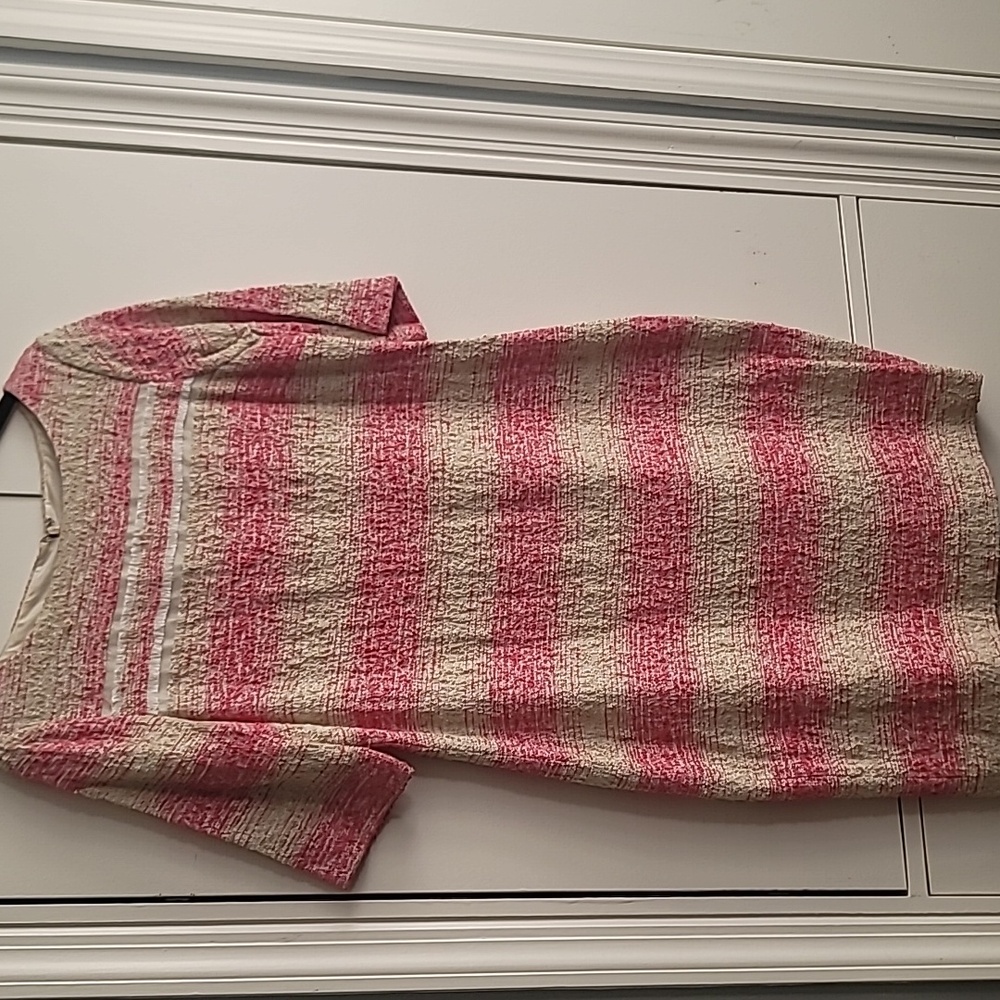 Pink and off white  striped sheath dress with elbow sleeves.